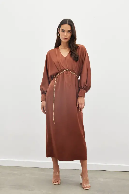 Chain Belted Satin Dress - COFFEE-COFFEE - 4