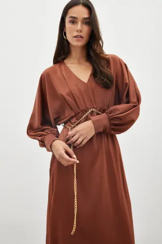 Chain Belted Satin Dress - COFFEE-COFFEE - 5