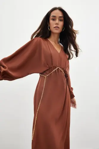 Chain Belted Satin Dress - COFFEE-COFFEE - 6