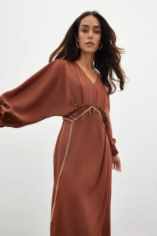 Chain Belted Satin Dress - COFFEE-COFFEE - 6