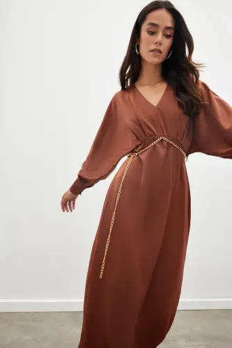 Chain Belted Satin Dress - COFFEE-COFFEE - 7