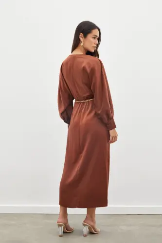 Chain Belted Satin Dress - COFFEE-COFFEE - 8