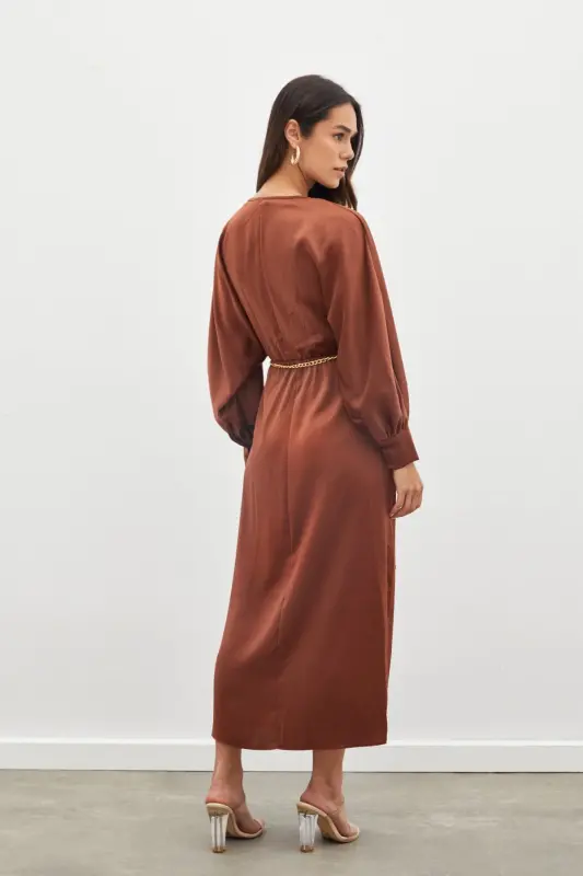 Chain Belted Satin Dress - COFFEE-COFFEE - 8