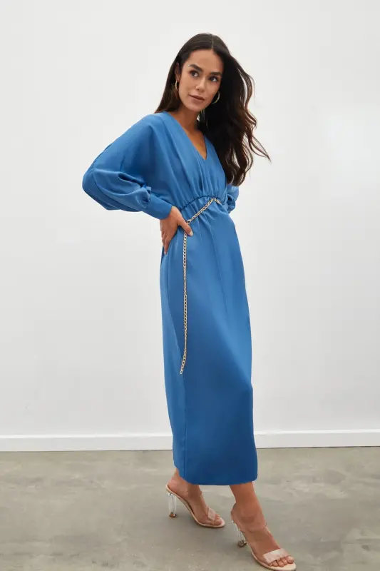 Chain Belted Satin Dress - Indigo-INDIGO - SATEEN