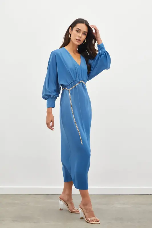 Chain Belted Satin Dress - Indigo-INDIGO - 2