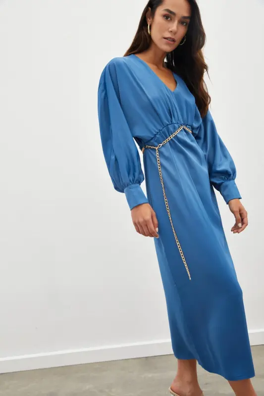 Chain Belted Satin Dress - Indigo-INDIGO - 3