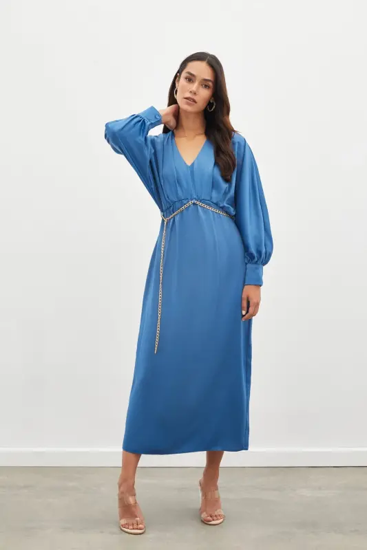 Chain Belted Satin Dress - Indigo-INDIGO - 4