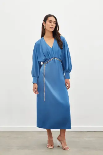 Chain Belted Satin Dress - Indigo-INDIGO - 5