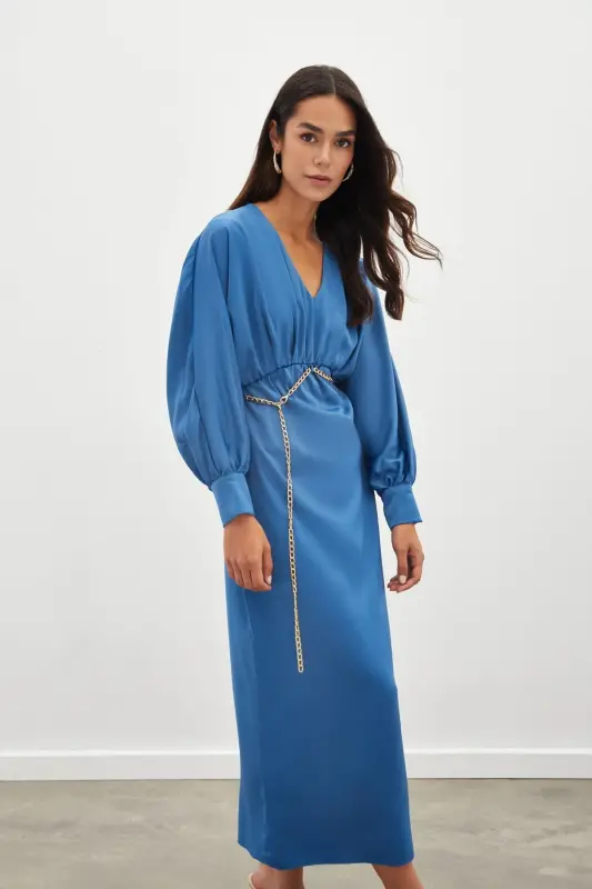 Chain Belted Satin Dress - Indigo-INDIGO - 6
