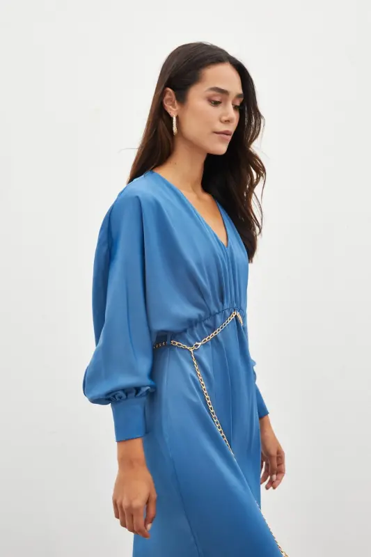 Chain Belted Satin Dress - Indigo-INDIGO - 7