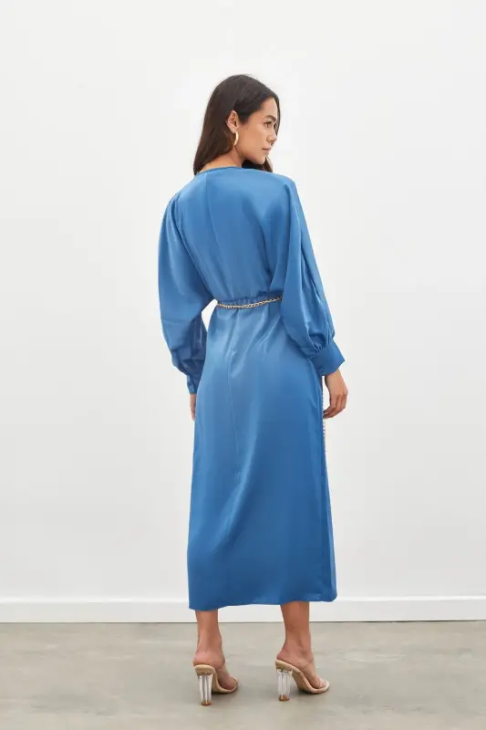 Chain Belted Satin Dress - Indigo-INDIGO - 8