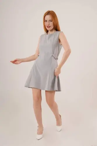 Chain Detail Sleeveless Gray Mini Dress - BÜYÜKBEDENIZ (1)