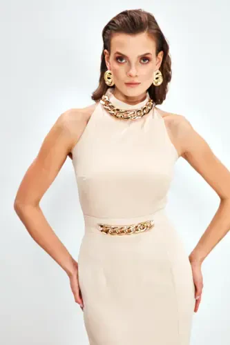 Chain-Detailed Crop Blouse - BEIGE - 1