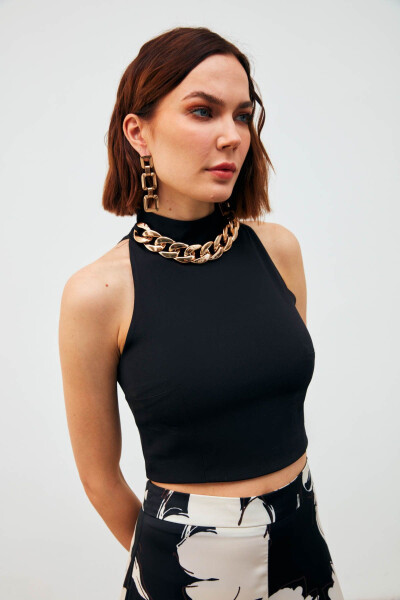 Chain-Detailed Crop Blouse - Black - 9