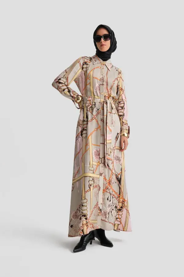 Chain Patterned Dress 24k9901 Mink - 2