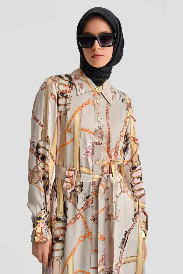 Chain Patterned Dress 24k9901 Mink - 3