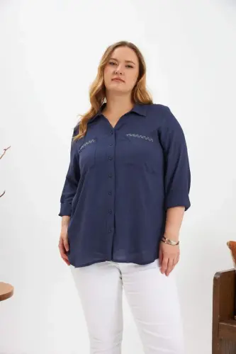 Chain Stitch Detail Plus Size Shirt Navy Blue - 1