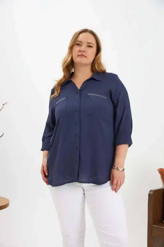 Chain Stitch Detail Plus Size Shirt Navy Blue - BÜYÜKBEDENIZ