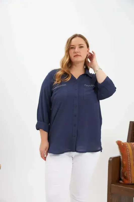 Chain Stitch Detail Plus Size Shirt Navy Blue - 2