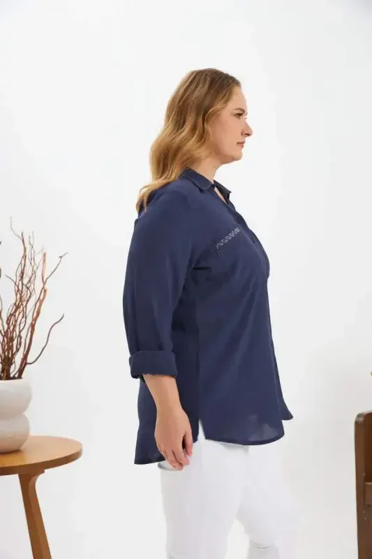 Chain Stitch Detail Plus Size Shirt Navy Blue - 3