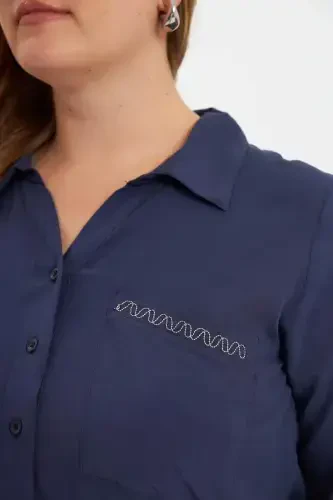 Chain Stitch Detail Plus Size Shirt Navy Blue - 4