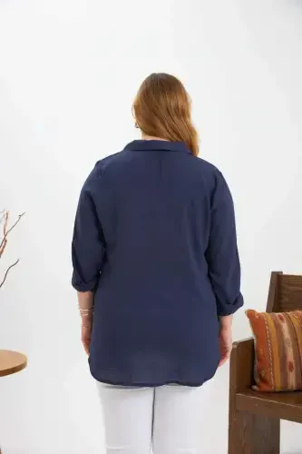 Chain Stitch Detail Plus Size Shirt Navy Blue - 5