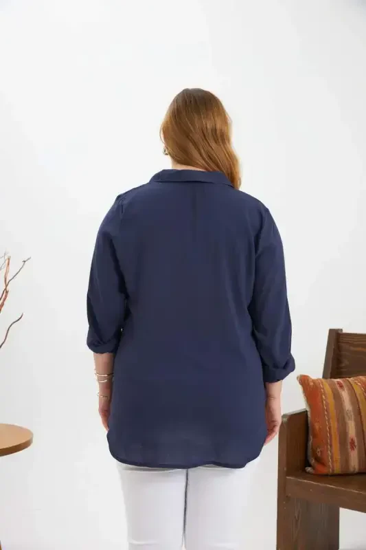 Chain Stitch Detail Plus Size Shirt Navy Blue - 5