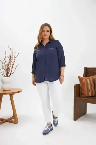 Chain Stitch Detail Plus Size Shirt Navy Blue - 6