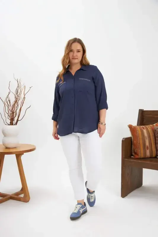 Chain Stitch Detail Plus Size Shirt Navy Blue - 6