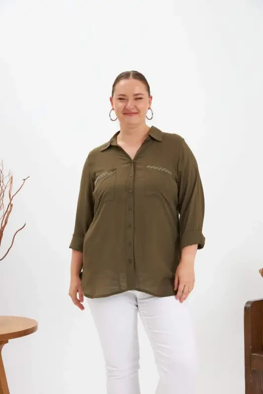Chain Stitch Embroidery Detail Plus Size Shirt Khaki - BÜYÜKBEDENIZ