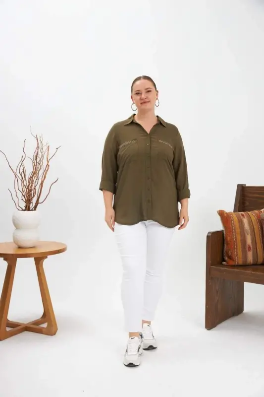 Chain Stitch Embroidery Detail Plus Size Shirt Khaki - 2
