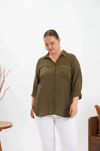 Chain Stitch Embroidery Detail Plus Size Shirt Khaki - 4
