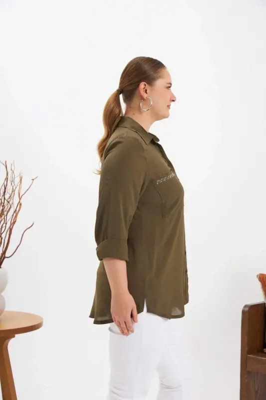 Chain Stitch Embroidery Detail Plus Size Shirt Khaki - 5