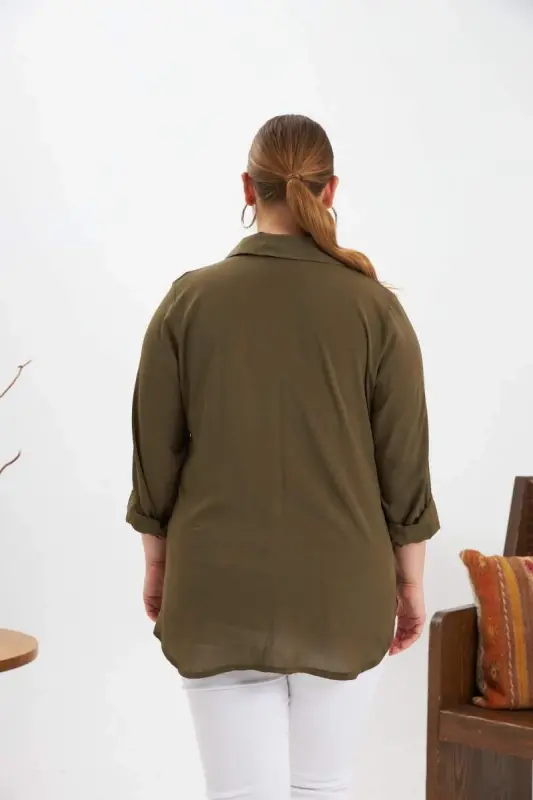 Chain Stitch Embroidery Detail Plus Size Shirt Khaki - 7