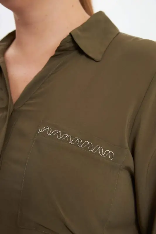 Chain Stitch Embroidery Detail Plus Size Shirt Khaki - 6
