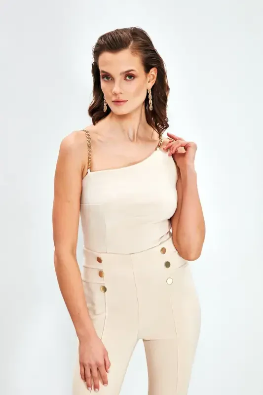 Chain Strap Blouse - Beige - 2