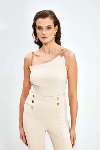 Chain Strap Blouse - Beige - 3