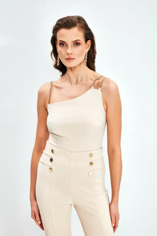 Chain Strap Blouse - Beige - 3