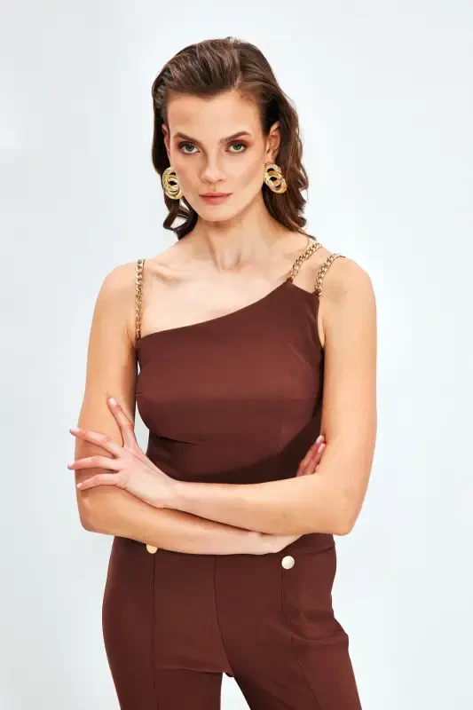 Chain Strap Blouse - Brown - SATEEN