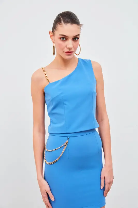 Chain Strap Detailed Crop Blouse - Blue - 1