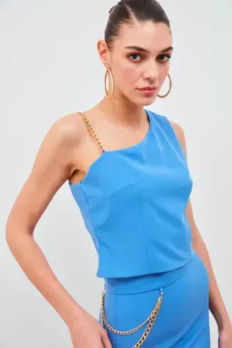 Chain Strap Detailed Crop Blouse - Blue - SATEEN (1)