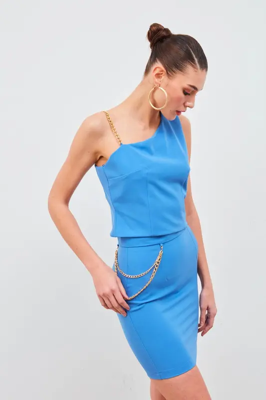 Chain Strap Detailed Crop Blouse - Blue - 4