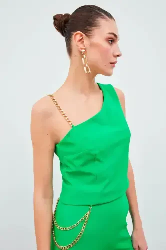Chain Strap Detailed Crop Blouse - Green - SATEEN (1)