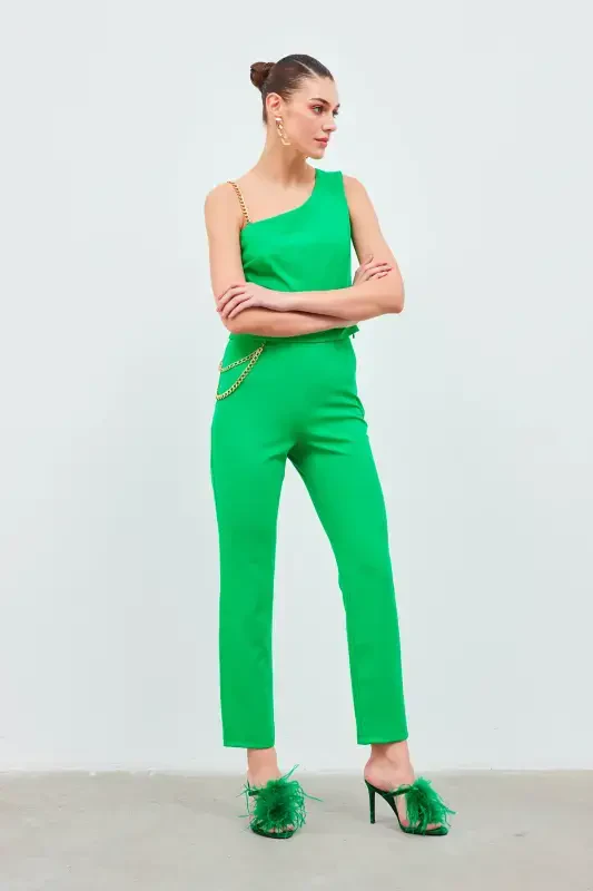 Chain Strap Detailed Crop Blouse - Green - 3