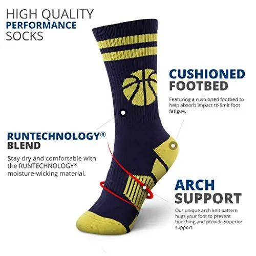 ChalkTalkSPORTS Basketball Socks - Cushioned Mid-Calf Crew - Youth & Adult | Moisture-Wicking Performance Blend, Athletic Basketball Gear, Stay-Up Technology, Arch Support, Breathable, Boys and Men - 3
