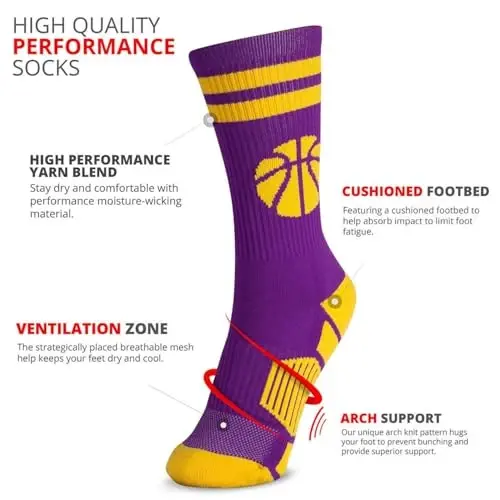 ChalkTalkSPORTS Basketball Socks - Cushioned Mid-Calf Crew - Youth & Adult | Moisture-Wicking Performance Blend, Athletic Basketball Gear, Stay-Up Technology, Arch Support, Breathable, Boys and Men - 5