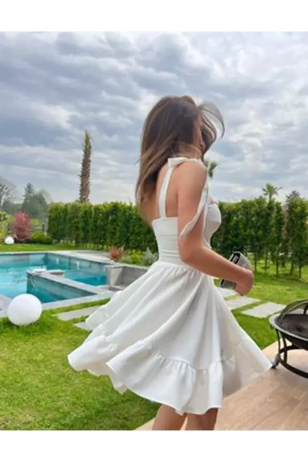 Champ Eteği Volanlı Mini Elbise Beyaz-beyaz - 5