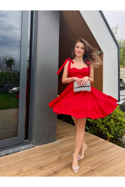 Champ Eteği Volanlı Mini Elbise - Kırmızı-kırmızı - CONCONMODA