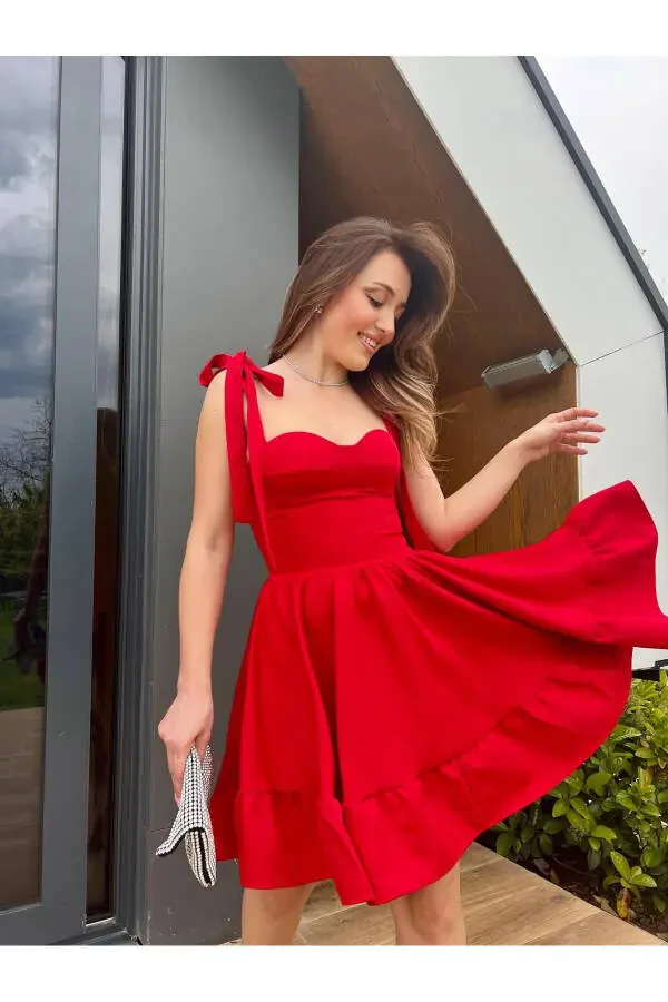 Champ Etegi Volanli Mini Ko'ylak - Qizil-qizil - 3