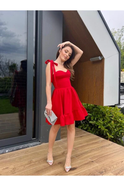 Champ Etegi Volanli Mini Ko'ylak - Qizil-qizil - 4